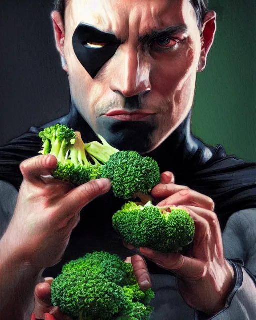 Image similar to Close-up stunning portrait of Batman eating broccoli, digital painting, concept art, highly detailed, digital painting, Trending on Artstation, 8K, by artgerm and greg rutkowski and alphonse mucha