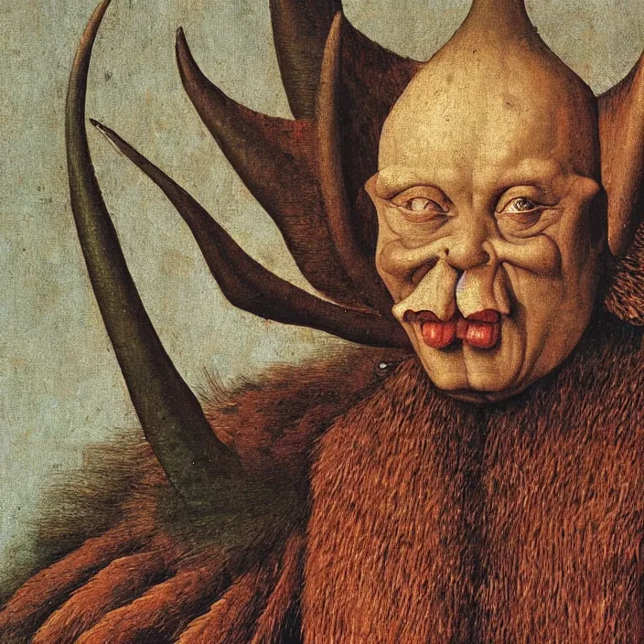 Prompt: close up portrait of an overdressed mutant monster creature with snout, horns, insect wings, unibrow, piercing eyes, toxic smile. jan van eyck, bosch