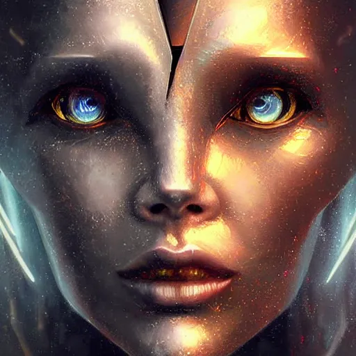 Image similar to a magical robot head, artificial intelligence, highly detailed, digital painting, smooth, sharp, beautiful face, expressive eyes, art by greg rutkowski and alex gray