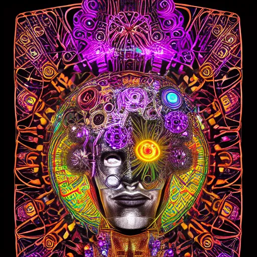 Image similar to hyperdetailed portrait of a psychedelic steampunk robot head, covered in colorful glowing holy geometry lotus flowers and tubes, eyes shoot multicolored laserbeams, 8 k, symetrical, halluzinogenic, meditative, black background