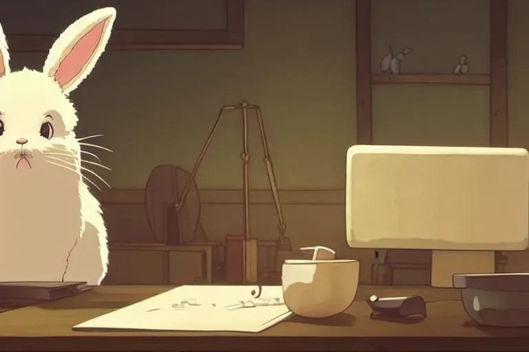 Prompt: a cute fluffy rabbit sitting at a desk, beautiful lighting, in the style of studio ghibli, artwork by Hayao Miyazaki and Isao Takahata, highly detailed, 8K, smooth, cinematic, vibrant colors, trending on artstation, japanese animation, stunning artistry and soaring imagination