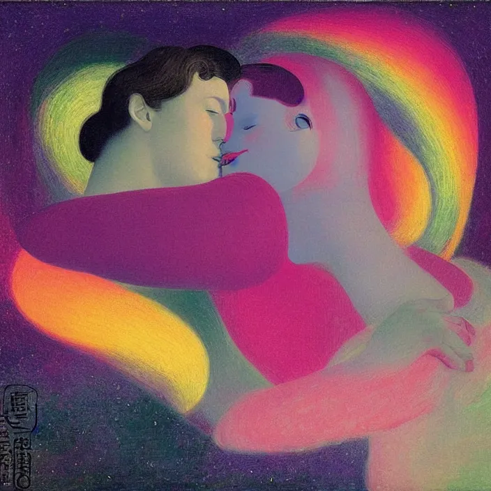 Image similar to close portrait of woman and man kissing. aurora borealis. iridescent, vivid psychedelic colors. painting by fra angelico, agnes pelton, utamaro, monet