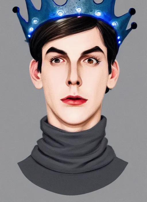 Image similar to portrait of teenage jughead jones wearing a light grey crown, crown, blue turtleneck, 1 9 5 0 s, closed eyes, photorealistic, black hair, glowing lighting, intricate, elegant, glowing lights, highly detailed, digital painting, artstation, concept art, smooth, sharp focus, illustration, art by wlop, mars ravelo and greg rutkowski