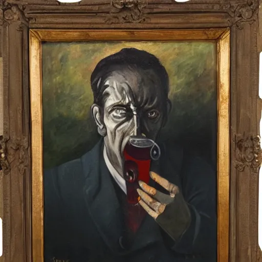 Prompt: oil painting of a man with three eyes drinking gasoline, dark, brooding, very high detail