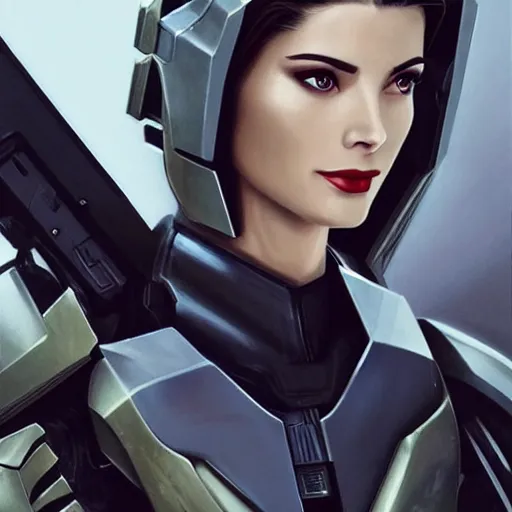 Image similar to A combination of Grace Kelly's and Ada Wong's and Ashley Greene's appearances with blonde hair wearing Forerunner armor from Halo, high tech, action shot, angular, full body portrait, futuristic, dramatic, fantasy, intricate, elegant, highly detailed, artstation, matte, sharp focus, 8K, art by Artgerm and Greg Rutkowski and Alphonse Mucha