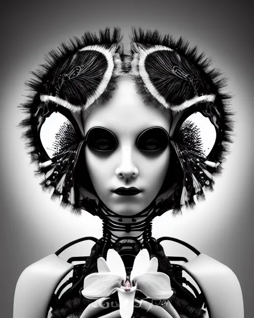 Image similar to surreal mythical dreamy dark artistic black and white fine art 3 / 4 fashion portrait photo of a young beautiful delicate female robot - owl with orchid - doll face, rim light, cinematic, studio dramatic light, poetic, masterpiece, octane render, 8 k, photo - realistic by gustave dore hg giger