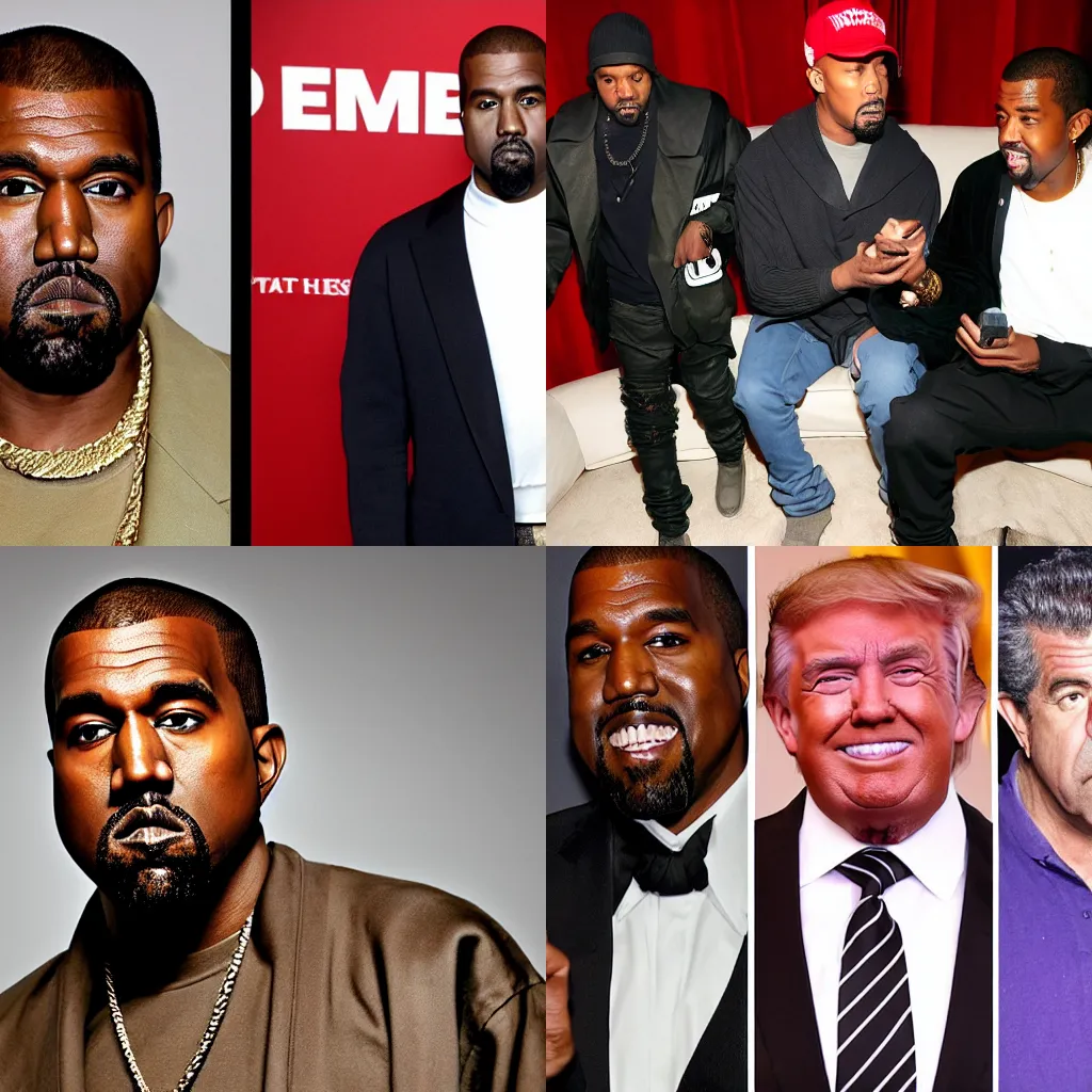 Prompt: Kanye West as dungeon master for Trump, Nick Cannon and Mel Gibson.