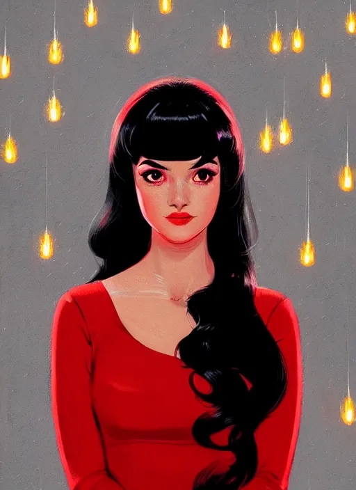 Image similar to portrait of veronica lodge with bangs, 1 9 6 0 s, long hair, red clothes, bangs, intricate, elegant, glowing lights, highly detailed, digital painting, artstation, concept art, smooth, sharp focus, illustration, art by wlop, mars ravelo and greg rutkowski