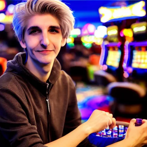 Image similar to handsome xqc gambling : : realistic : : 1 dslr : : 1 - - quality 2