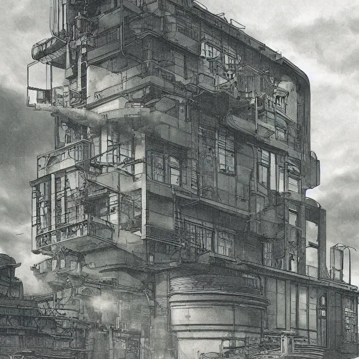 Image similar to a building in a serene landscape, dieselpunk