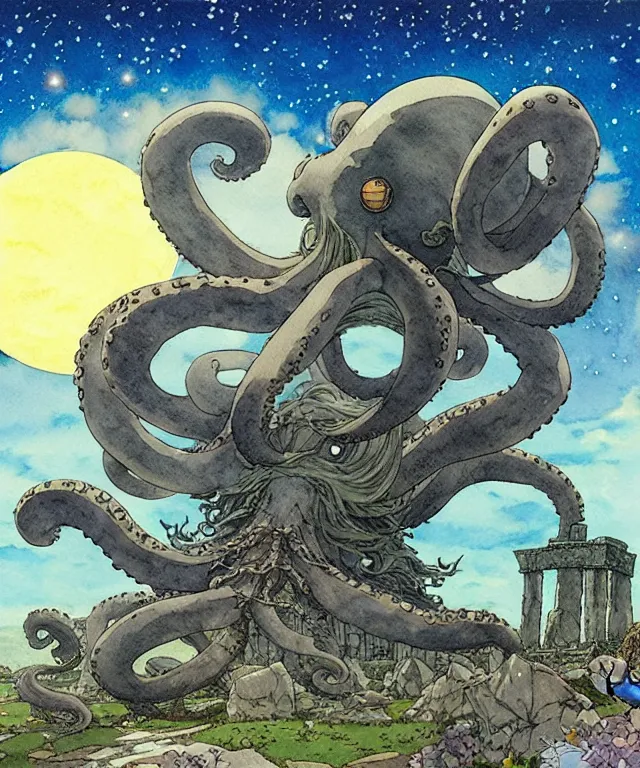 Prompt: a hyperrealist studio ghibli watercolor fantasy concept art. in the foreground is a giant grey octopus lifting an immense stone. the background is stonehenge with a starry sky. by rebecca guay, michael kaluta, charles vess