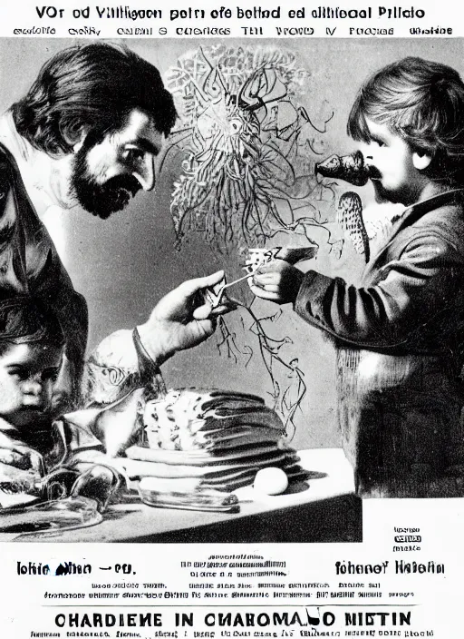 Image similar to vintage pharamaceutical magazine advertisement depicting charles manson feeding pills to children, by ernst haeckel