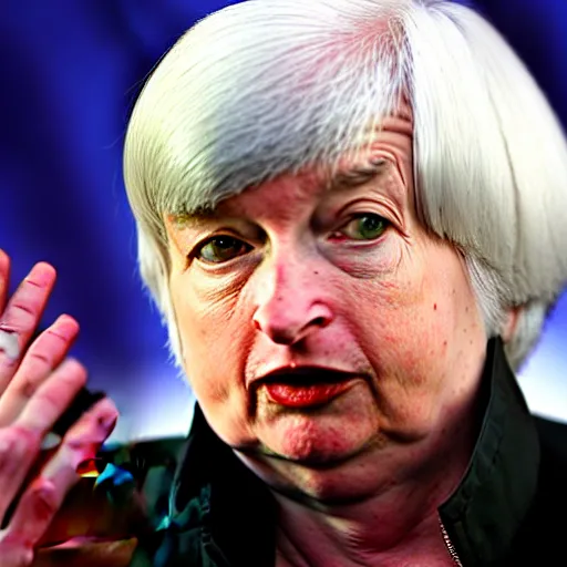 Prompt: Janet Yellen burning up pile of dollars