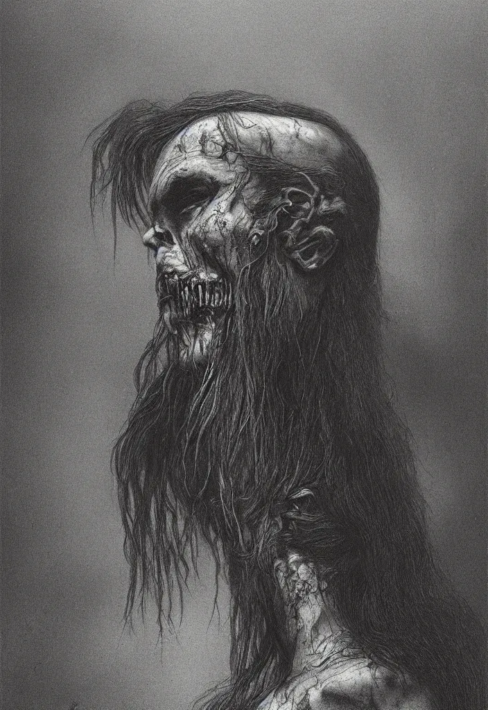 Image similar to profile portrait of a zombie, creepy atmosphere, dark, portrait, very realistic, illustration by gustave dore