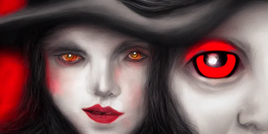 Prompt: realistic portrait of a witch woman with glowing red eyes, detailed, ultra realistic, 8 k