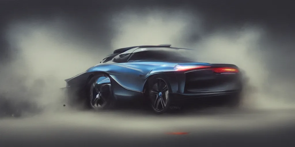 Image similar to full view of a sport car, surrounded in a detailed smoke, wet street, painted in dark color holographic pearlescent, elegant, digital painting, concept art, smooth, sharp focus, art style from Wang Ke and Greg Rutkowski and Bruce Kaiser and Scott Robertson and Dmitry Mazurkevich and Doruk Erdem and Jon Sibal, small style cue from Mad Max