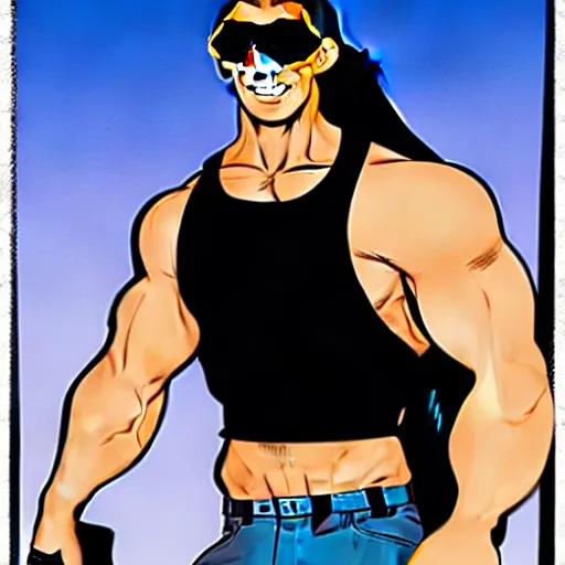 Image similar to muscular man, black vest with no shirt underneath, goggles around his neck, cargo pants, ammo belt, holding a blaster, long black hair in a ponytail, five o' clock shadow, comic book art, full body shot