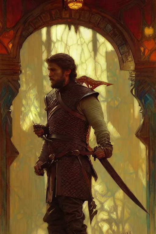 Prompt: attractive man, game of thrones, cool colors, painting by gaston bussiere, craig mullins, greg rutkowski, alphonse mucha