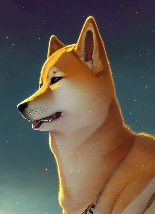 Prompt: Highly detailed portrait of Shiba inu, Stephen Bliss, unreal engine, fantasy art by Greg Rutkowski, Loish, Rhads, ferdinand knab, Makoto Shinkai and Lois van baarle, ilya kuvshinov, rossdraws, Tom Bagshaw, alphonse mucha, global illumination, radiant light, detailed and intricate environment