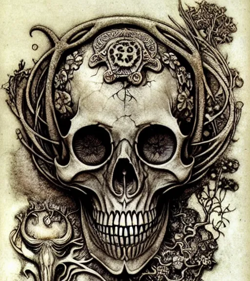 Image similar to memento mori by arthur rackham, art forms of nature by ernst haeckel, exquisitely detailed, art nouveau, gothic, ornately carved beautiful skull dominant, intricately carved antique bone, art nouveau botanicals, ornamental bone carvings, art forms of nature by ernst haeckel, horizontal symmetry, arthur rackham, ernst haeckel, symbolist, visionary