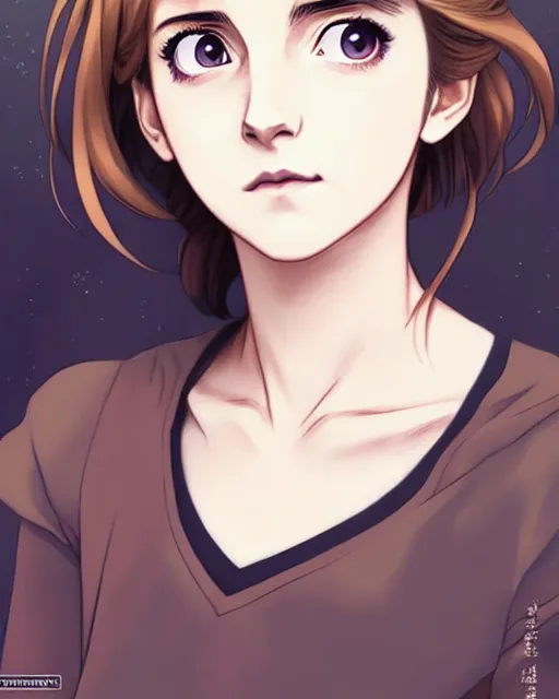 Prompt: Anime as Emma Watson playing Hermione Granger, cute-fine-face, pretty face, realistic shaded Perfect face, hourglass slim figure, attractive features, tight fitted tank top, body portrait, slight smile, highly detailed, digital painting, Hogwarts, artstation, concept art, sharp focus, illustration, art by WLOP and greg rutkowski and alphonse mucha and artgerm