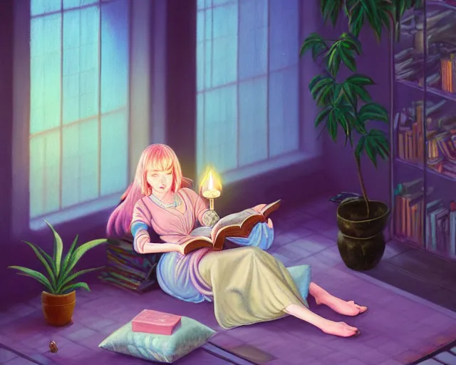 Image similar to a pastel painting of a woman wizard lounging on a purpur pillow on the marbled checkered floor in her study room reading an ancient tome. to the side is a potted plant, candlelit raytracing. ancient oriental retrofuturistic fantasy setting. 4 k key art. by yoshitaka amano and mark tedin