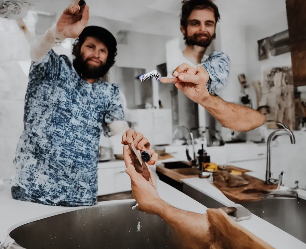 Prompt: first person point of view of a man holding a tooth brush in front of kitchen sink