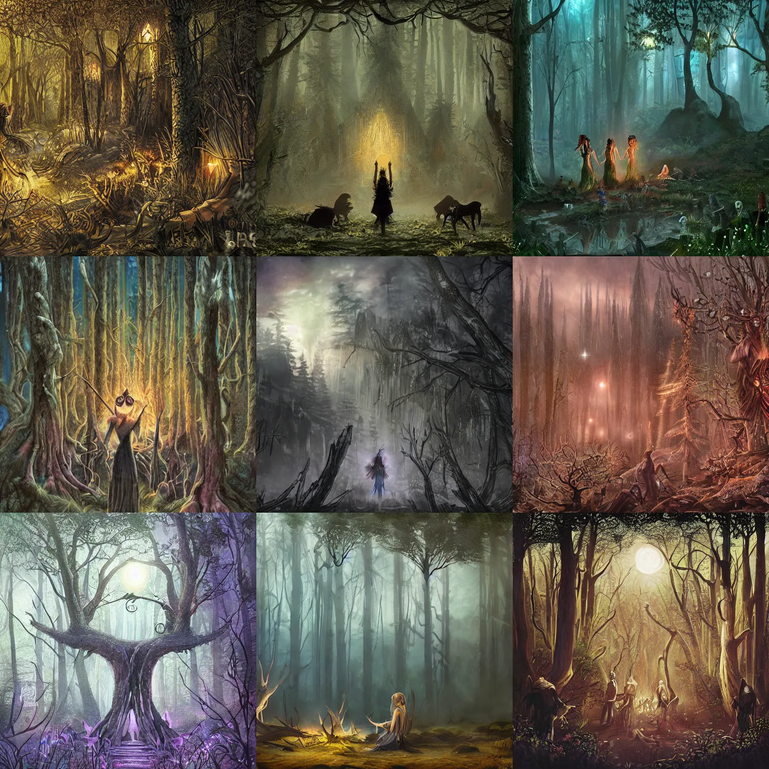 Prompt: mysterious dark forest at night, elven casting a spell, faraway view, large scale, high quality digital art, intricate, detailed