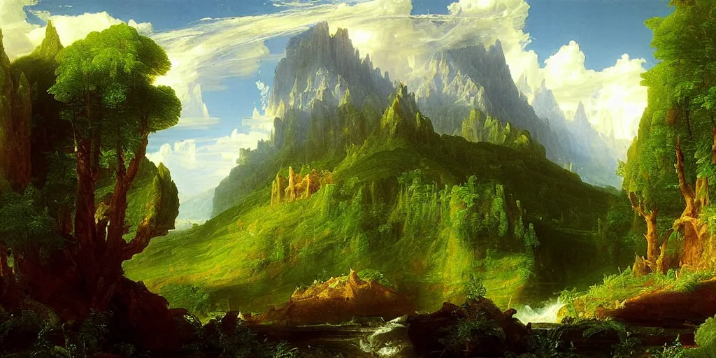 Prompt: a fantasy landscape by thomas cole and ivan shishkin