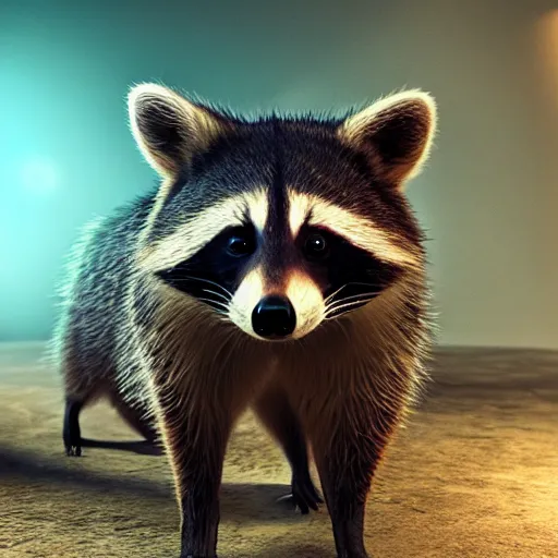 Prompt: a hyperrealistic 3 d octane render of a raccoon taking a photograph, photorealism, unreal engine, dramatic lighting, volumetric lighting, uplighting