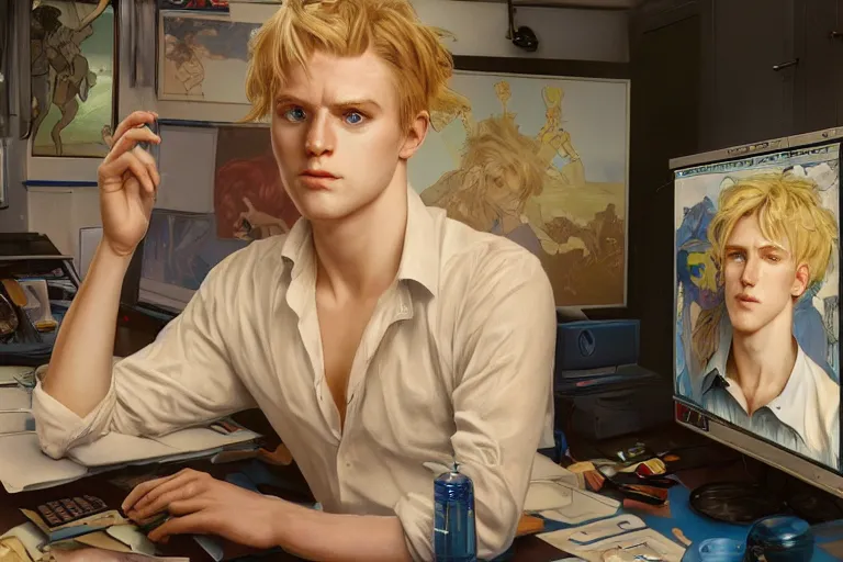 Prompt: a computer graphics artist man with blonde hair, blue eyes, a ballcap in a messy room at the computer animating, ultra realistic, concept art, intricate details, serious, highly detailed, photorealistic, octane render, 8 k, unreal engine. art by artgerm and greg rutk owski and alphonse mucha