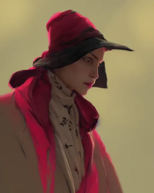 Image similar to the shadow, pink scarf, yellowish hat, red coat, highly detailed, digital painting, artstation, concept art, sharp focus, illustration, inspired by greg rutkowski and alphonse mucha