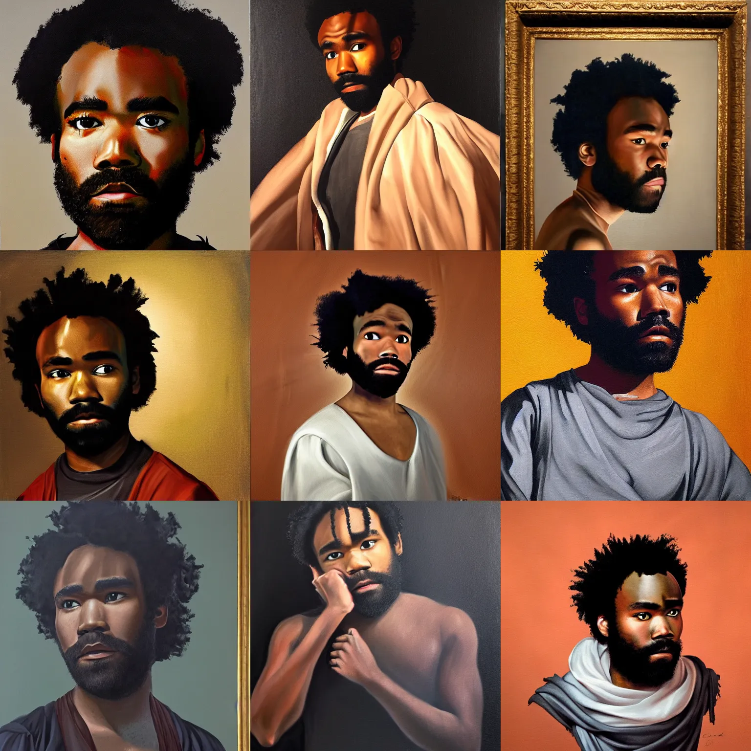 Prompt: a tenebrism painting of donald glover by caravaggio