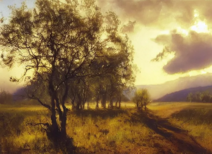 Image similar to oil painting of translucent pears on tree, medieval forest path in dawn by anders zorn, wonderful art by greg rutkowski, incredible lighting, shadows, beautiful cinematic light, american romanticism by greg manchess, tall rocky mountains and storm clouds, sun rays, sunshine, bright sunny summer day, stone walls and wooden fences, meadow