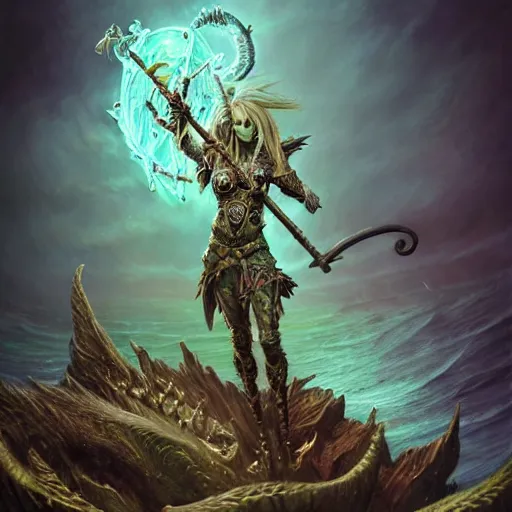 Image similar to a beautiful detailed 3d matte portrait of a triton with green hair, wearing studded leather armor, wielding a staff with a glowing red crystal, male, dungeons and dragons character, standing beside the ocean, by ellen jewett, by tomasz alen kopera, by Justin Gerard, ominous, magical realism, texture, intricate, skull, skeleton, whirling smoke, alchemist bottles, radiant colors, fantasy, volumetric lighting, high details