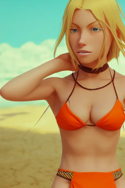 Image similar to beautiful blond woman in orange tribal bikini, blond hair pulled back off the face, green eyes, by makoto shinkai, 8 k, high resolution render, cinematic, unreal engine, clean lineart and flat color,