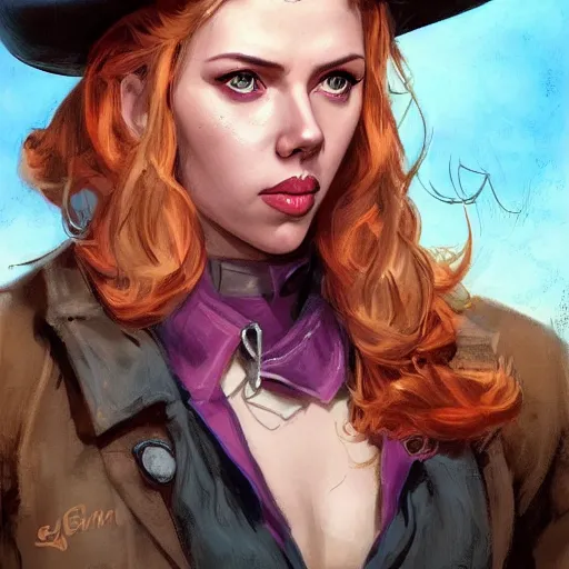 Image similar to portrait of scarlett johansson as a cowboy in wteam fortress 2 style, detailed face, dark fantasy art, fantasy, pretty, hd shot, digital portrait, beautiful, artstation, comic style, by artgerm, guy denning, jakub rozalski, magali villeneuve, neoartcore and charlie bowater