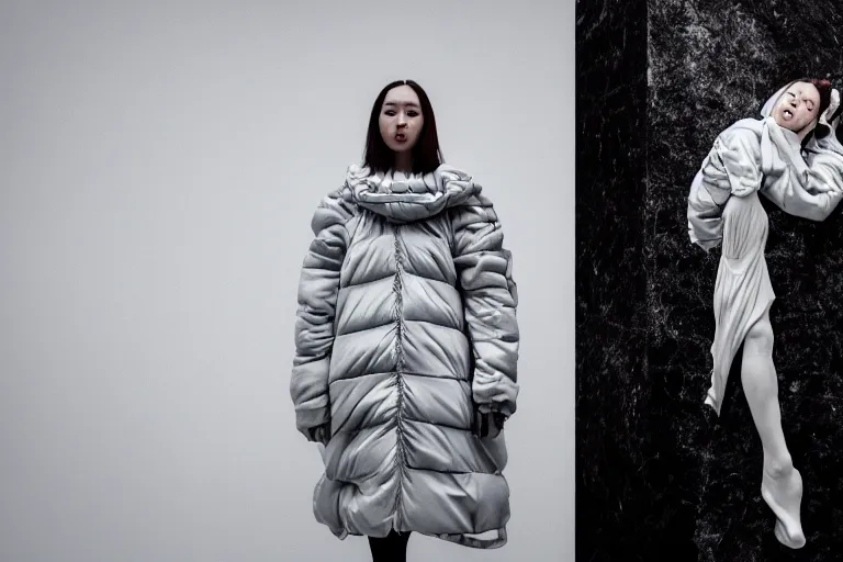 Image similar to well lit fashion shoot portrait of extremely beautiful female marble statue wearing huge over size puffer jacket by dingyun zhang, yeezy, balenciaga, vetements, a cold wall, sharp focus, clear, detailed,, cinematic, detailed, off white, glamourous, symmetrical, vogue, editorial, fashion, magazine shoot, glossy