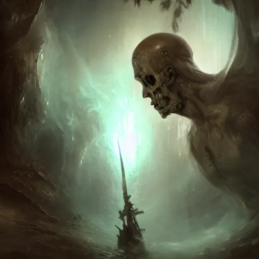 Prompt: photo of a ghostly pirate, head and torso, in a grotto, holding a sword, intricate, elegant, highly detailed, lovecraftian, digital painting, artstation, concept art, smooth, sharp focus uhd 8 k, dark, atmospheric, dave dorman