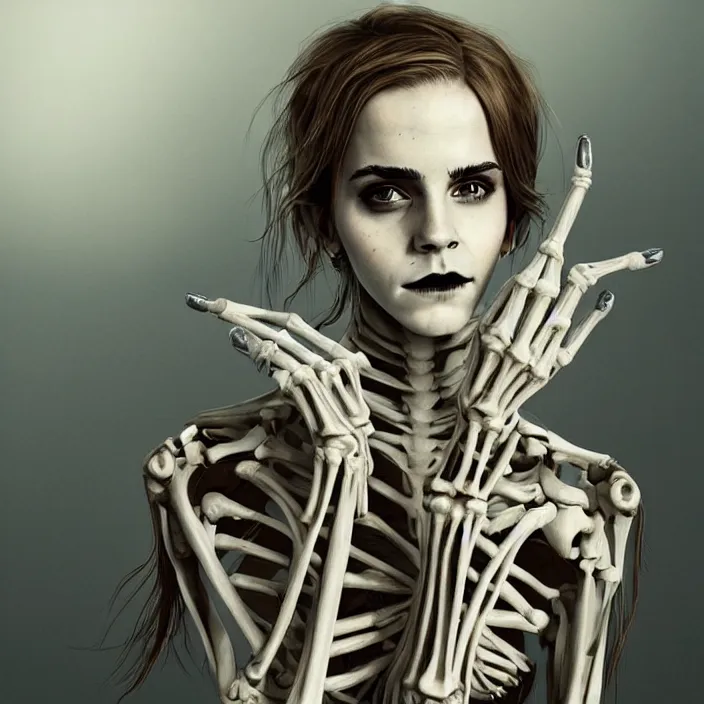 Prompt: portrait of emma watson as a skeleton. intricate abstract. intricate artwork. nightmare fuel. by Tooth Wu, wlop, beeple, dan mumford. octane render, trending on artstation, greg rutkowski very coherent symmetrical artwork. cinematic, hyper realism, high detail, octane render, 8k, iridescent accents