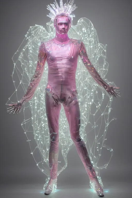 Prompt: full-body rococo and cyberpunk delicate crystalline sculpture of a muscular iridescent slender Brasileiro male as a humanoid deity wearing a thin see-through ((plastic hooded cloak)) sim roupa, reclining con las piernas abiertas, glowing pink face, crown of white lasers, large diamonds, swirling black silk fabric. futuristic elements. oozing glowing liquid, full-length view. space robots. human skulls. throne made of bones, intricate artwork by caravaggio. Trending on artstation, octane render, cinematic lighting from the right, hyper realism, octane render, 8k, depth of field, 3D