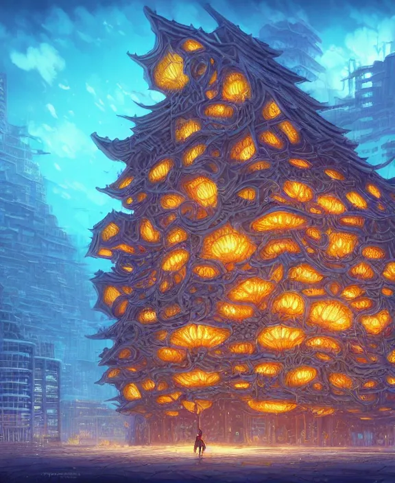 Image similar to a building made of exotic fungus, by dan mumford, yusuke murata, makoto shinkai, ross tran, cosmic, heavenly, god rays, intricate detail, cinematic, cel shaded, unreal engine, featured on artstation, pixiv