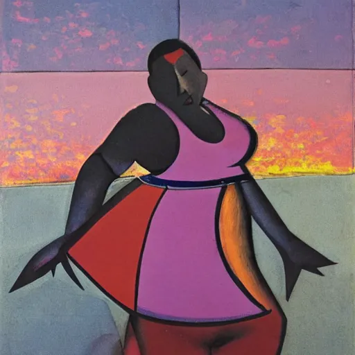 Image similar to beautiful sunset, fat woman dancing, cubism, muted colors, texture