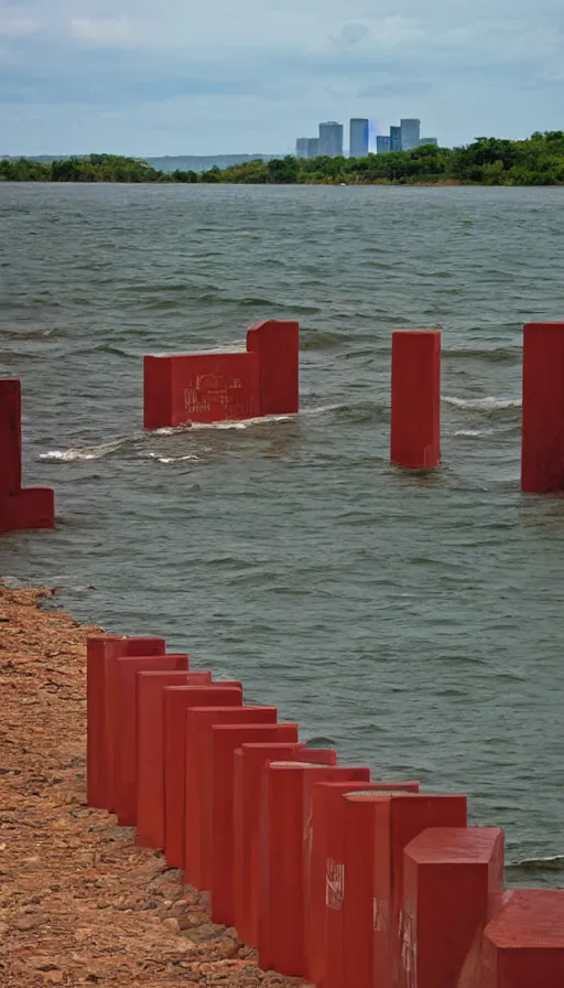 Prompt: beautiful color pentax photograph of pristine frank lloyd wright storm surge barriers. distant shot, wide angle