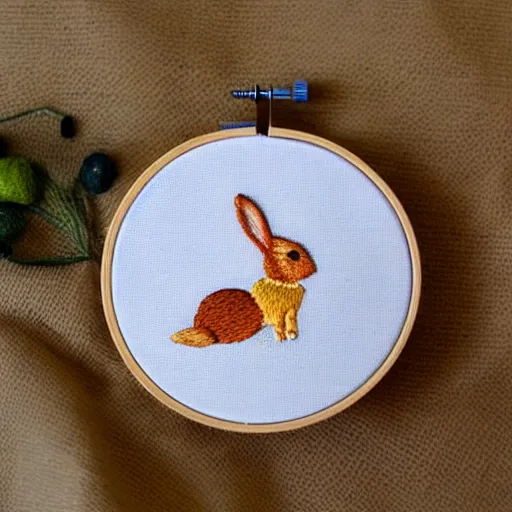 Prompt: a tiny beautiful handmade embroidery of a rabbit. hand embroidery.