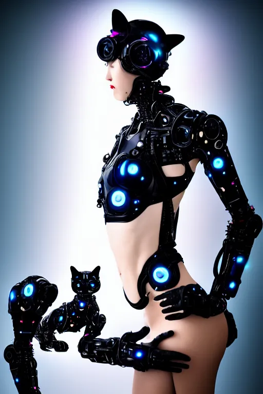 Image similar to cybernetic high tech catgirl with a cybercat on her head, sci - fi, cyberpunk, futurism, exoskeleton, strong artificial intelligence, symmetry, cinematic, elegant, luxury, professional studio light, perfect composition, dlsr photography, sharp focus, 8 k, ultra hd, sense of awe, highly detailed, hyper realistic, intricate, science journal cover