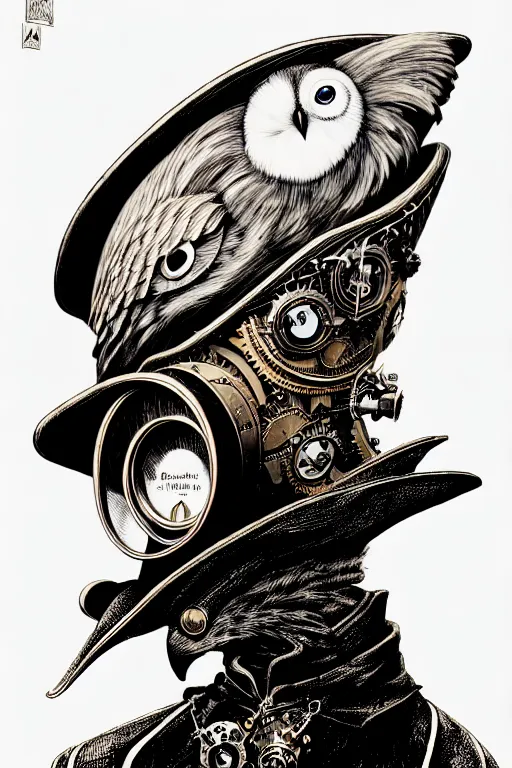 Image similar to side view of majestic steampunk anthropomorphic owl man alchemist cloaked wizard, high details, bold line art, by vincent di fate and joe fenton, inking, etching, screen print, masterpiece, trending on artstation, sharp, high contrast, hyper - detailed,, hd, 4 k, 8 k