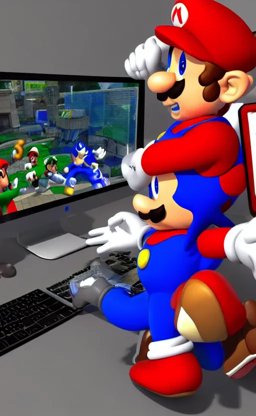 Prompt: a 3 d render of mario and sonic playing computer games together in a student apartment