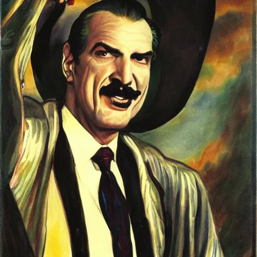 Prompt: vincent price as billionaire howard hughes in exotic fantasy satin robes and high collar, vivid, renaissance, illustration, dynamic and dramatic, highly detailed, rough paper, dark, oil painting