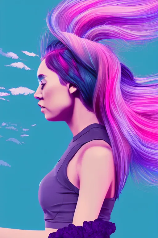 Image similar to a award winning half body porttrait of a beautiful woman in a croptop and cargo pants with ombre purple pink teal hairstyle with head in motion and hair flying, outrun, vaporware, shaded flat illustration, digital art, trending on artstation, highly detailed, fine detail, intricate